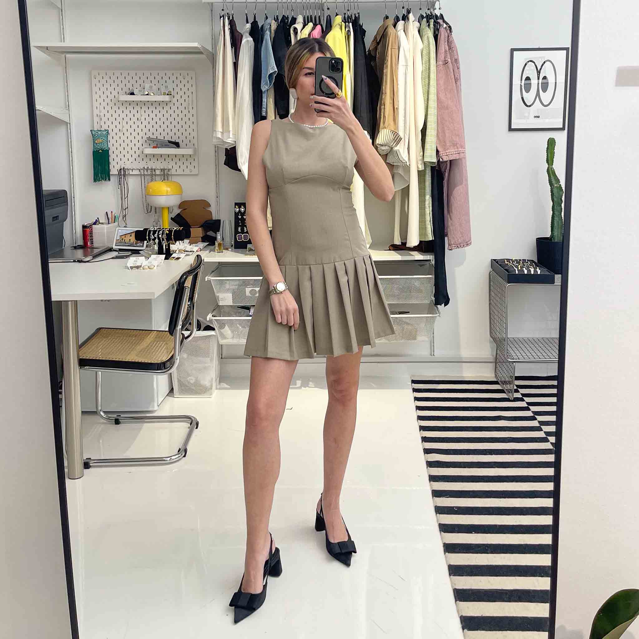 Olive Pleats - Mini Dress